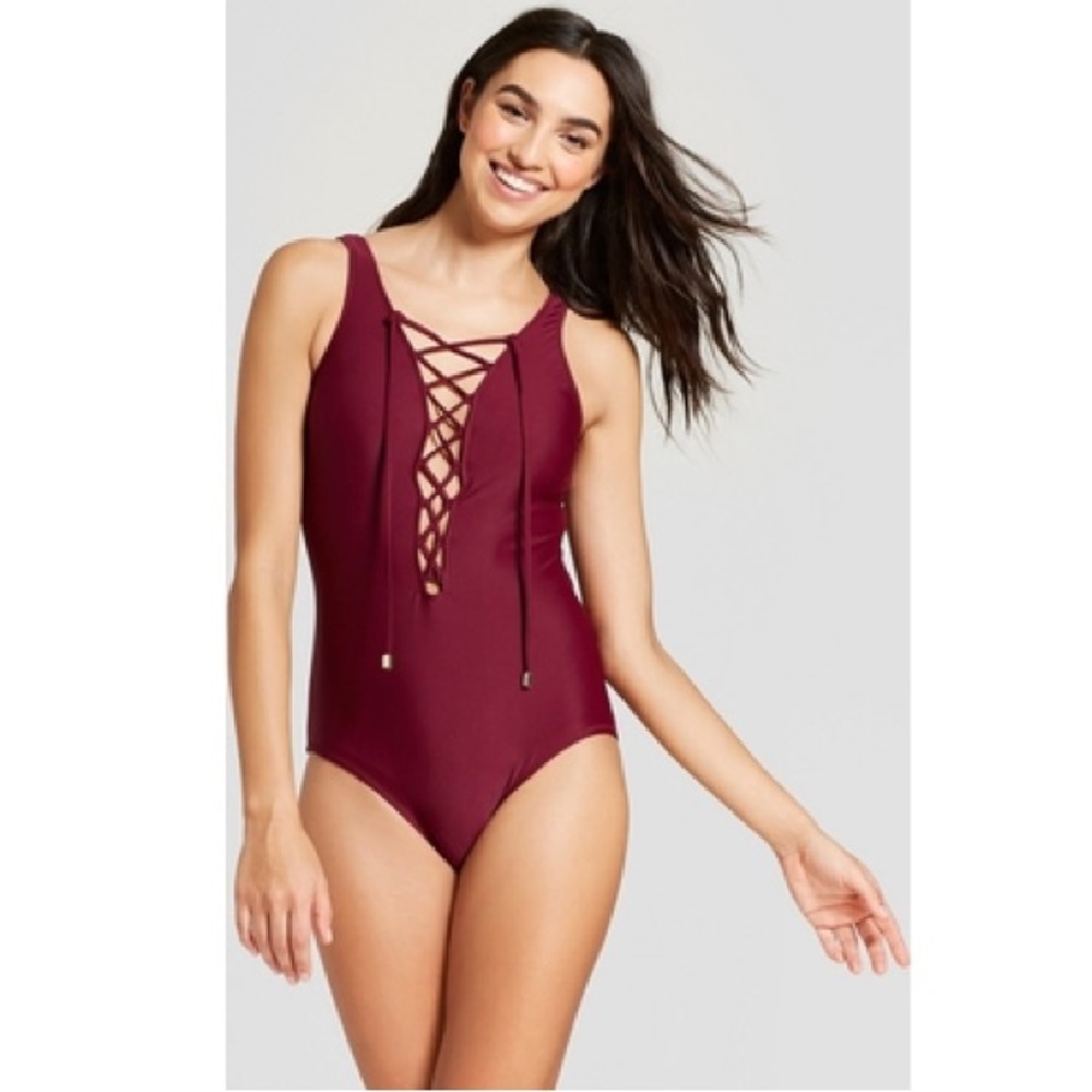 Mossimo Burgundy Lace-Up Swimsuit